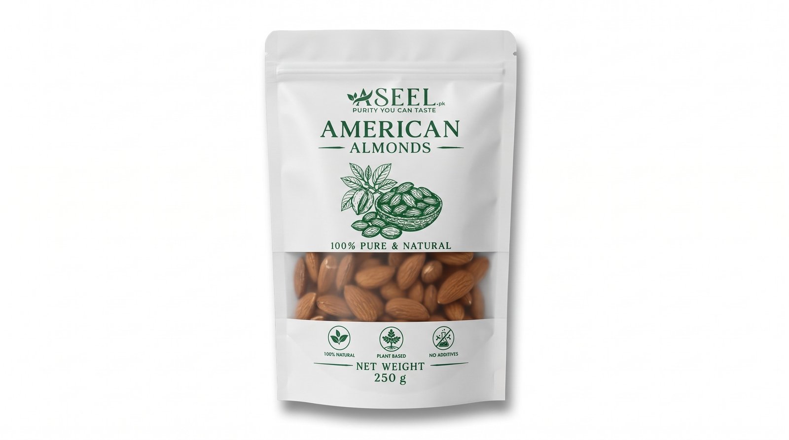 ASEEL American Almonds 250g pack – 100% pure, natural, and plant-based